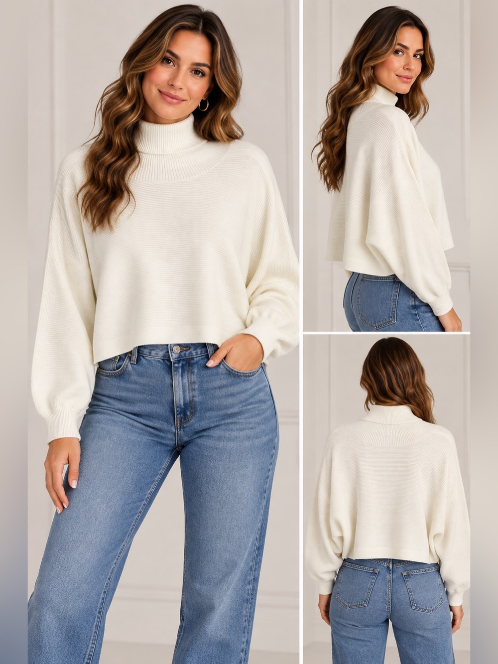 Cropped Ribbed Mock Neck Sweater - White